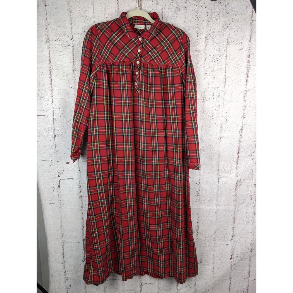 LL Bean Flannel Nightgown Womens Medium Red Tartan Plaid Long Sleeve Sleep Dress